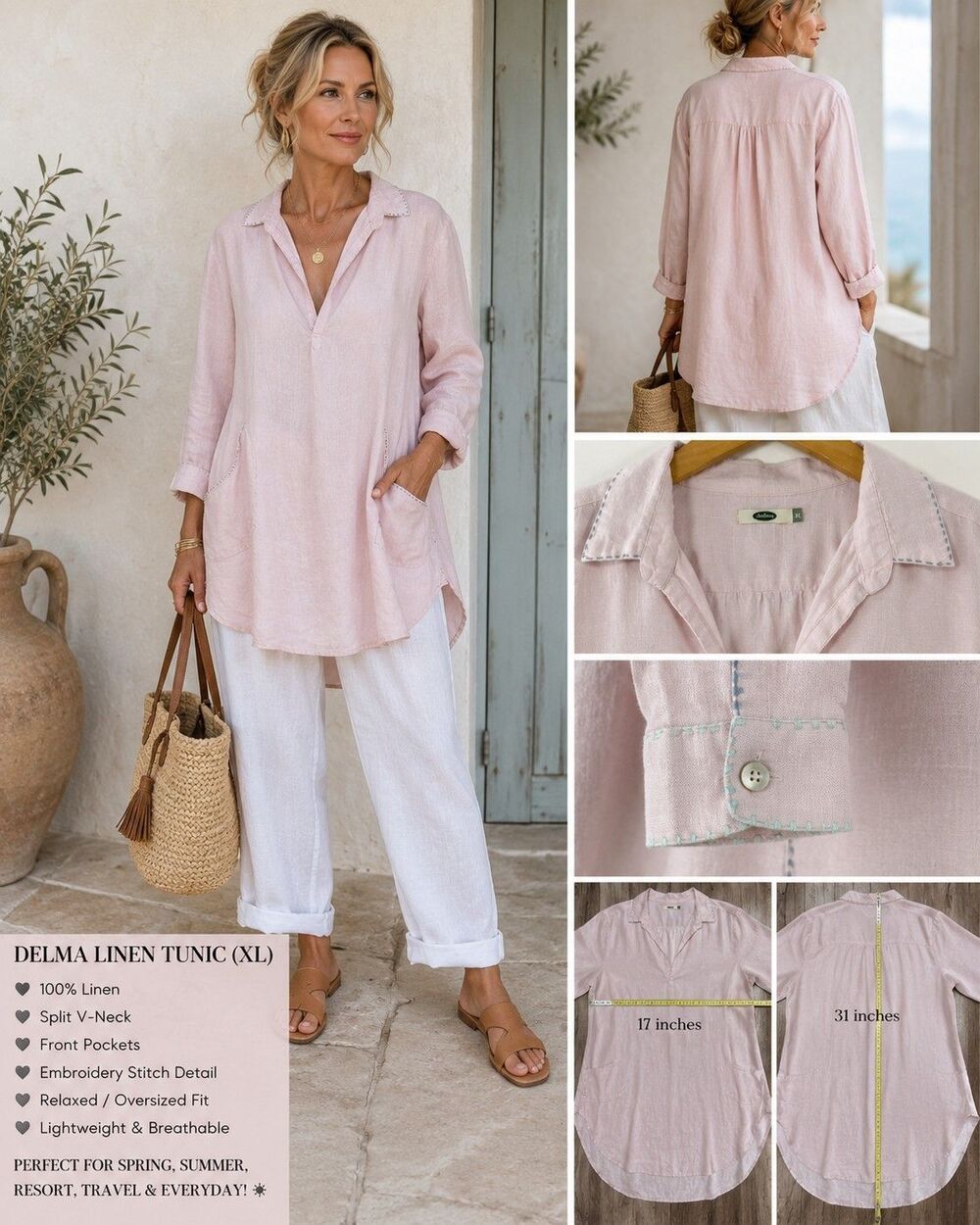 Delma Women XL 100% Linen Tunic Relaxed Costal Lagenlook Boho Minimal Pockets